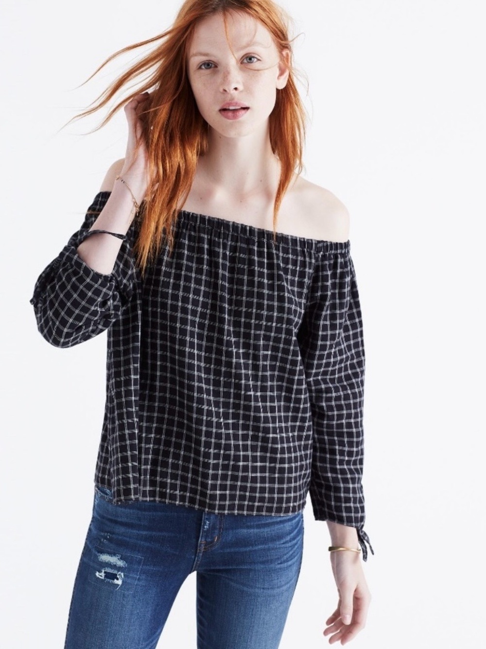 Madewell Black Plaid 100% cotton Off-Shoulder Crop Top 0275